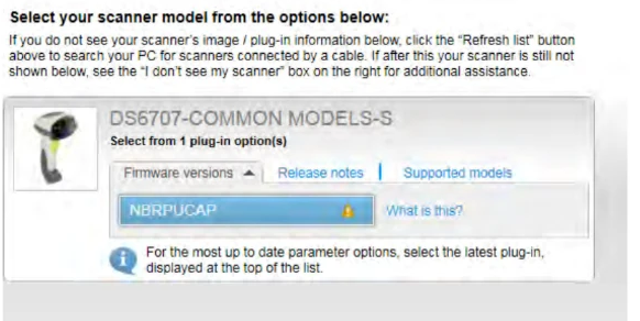 123Scan² view for a connected device with a single scanner model and firmware options