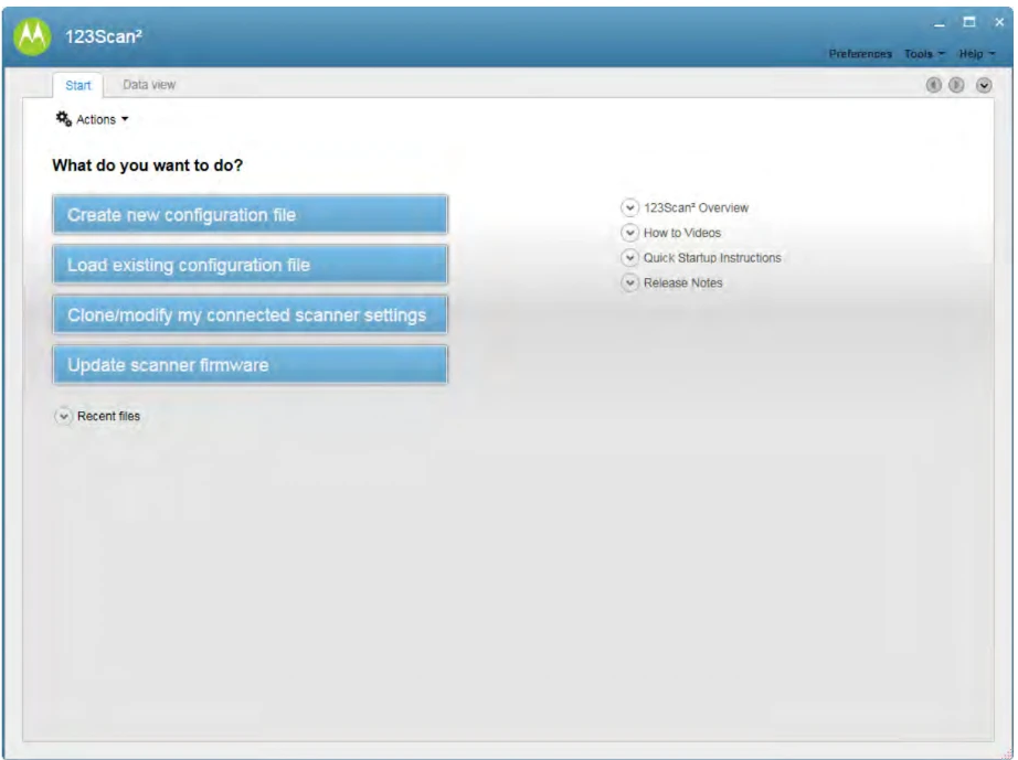 123Scan² Start screen with four primary task buttons and a help panel
