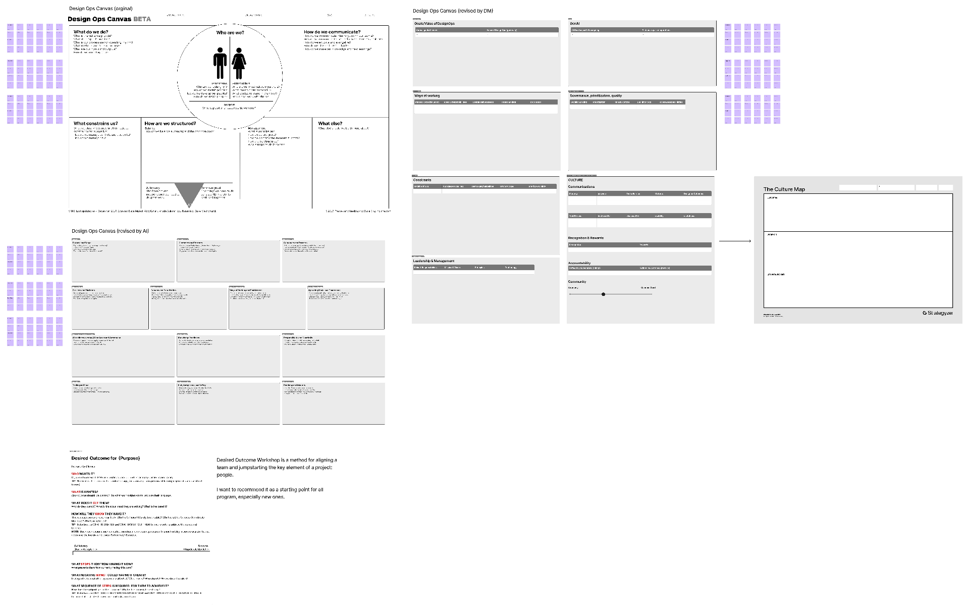 Evolving DesignOps Canvas: original, DM revision, and AI-revised versions side by side